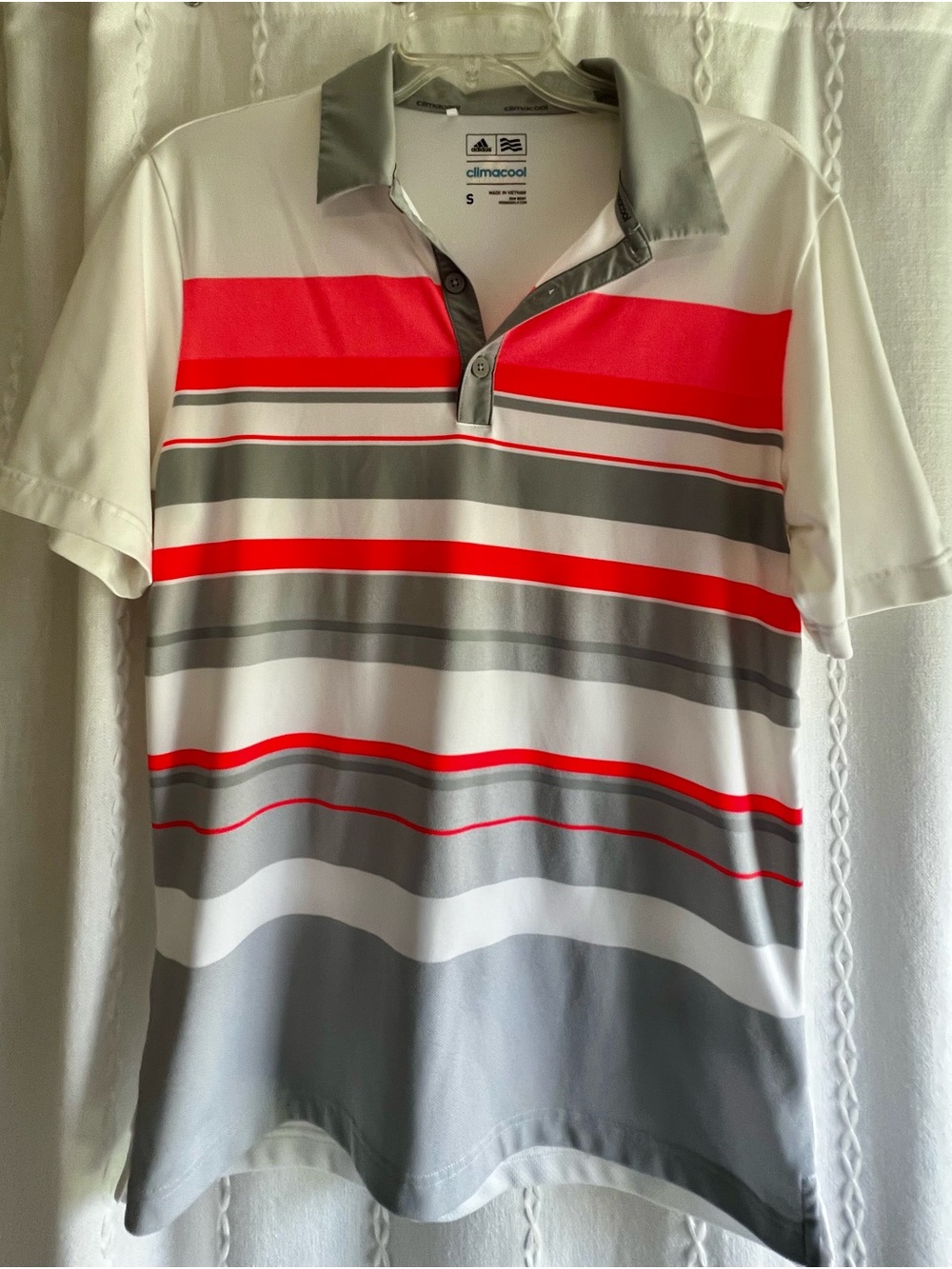 adidas Men’s White, Gray & Neon Orange Striped Climacool Polo